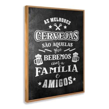 Imagem de Quadro Decorativo Cerveja Família Amigos Com Moldura Frase Churrasco Bar Divertida Bebida Alegria Preto Branco Caneca Criativo Felicidade