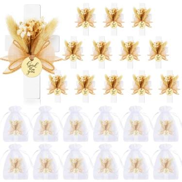 Imagem de 12 conjuntos de lembrancinhas de festa de batismo para convidados de primeira comunhão, ímã de batismo de cruz de madeira com flores para festa de chá de bebê Bless, presente de batismo, revelação de