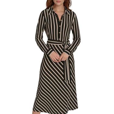 Imagem de Tommy Hilfiger Vestido feminino de manga comprida com gola autoamarrada, Preto/preto e cinza, 50