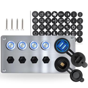 Imagem de Ambuker Painel De Interruptores Botão Momentâneo 4 Vias, 12 V, Antioxidante, Alumínio Com Luz Azul, Autotravantes, Carregador Usb Carro 4,8 A, Tomada E Disjuntor À Prova D'Água Para Rv, Barco Caminh