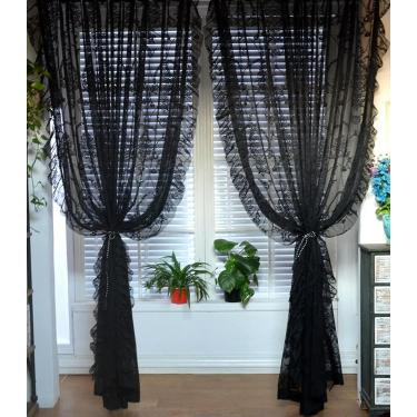 Imagem de Cortinas de tule vintage com babado floral preto para quarto cortinas de filtragem de luz floral romântica, bolso de haste de tule preto, 1 peça W100 x H200cm