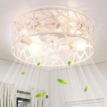 Imagem de Wheatronic Ventilador de teto de montagem embutida com luzes e controle remoto, ventilador de teto com gaiola de 45,7 cm com luz branca vintage, ventiladores de teto de fazenda para quarto, cozinha