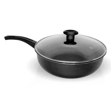 Imagem de Frigideira wok funda alta antiaderente n 26 preto com tampa de vidro -