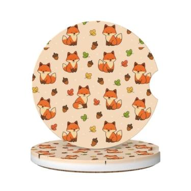 Imagem de Neukim Pacote com 2 porta-copos de carro de raposa laranja fofo, 6 cm de folha de outono bolota antiderrapante porta-copos absorvente de cerâmica com base de cortiça e entalhe de dedo acessórios para