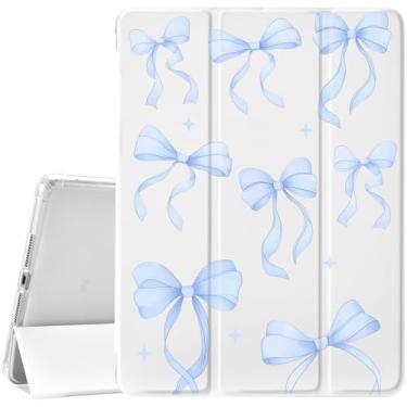 Imagem de JOYLAND Capa protetora para iPad 6ª/5ª geração (2018/2017)/Air 2/Air de 9,7 polegadas com suporte para lápis - capa protetora de três dobras com laço azul e parte traseira de TPU macio, branca
