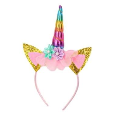 Imagem de Tiara Arquinho Chifre Unicórnio Orelhas Arco Íris Meninas F (Rosa Colorido)
