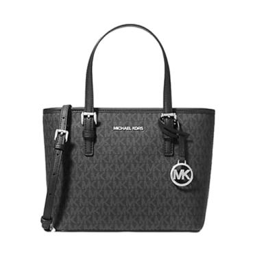 Imagem de Michael Michael Kors Bolsa feminina XS Carry All Jet Set com logotipo extra pequeno com zíper superior, Preto, prata, Medium