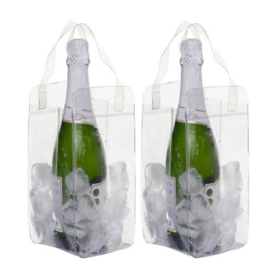 Imagem de Kit com 02 Sacolas Térmicas para Bebidas - Isolante Térmico com Alça para 1 Garrafa de Vinho ou Espumante - Leve para Piqueniques, Praia e Festas - PVC Transparente e Resistente