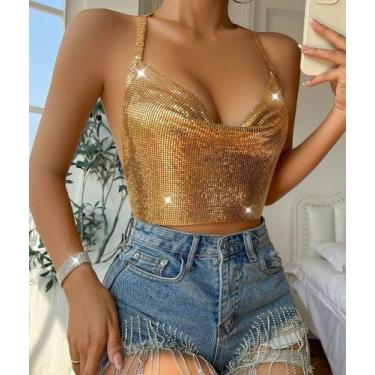 Imagem de B0414-Blusa Top Cropped Dourado Preto Festa Balada Metalizado Brilho -