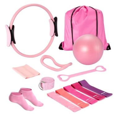 Imagem de Ideal Swan Kit essencial de anel de pilates para mulheres, conjunto de equipamentos de treino em casa com bola de 25 cm, faixas de resistência, acessórios, conjunto de pilates rosa para pernas, braços