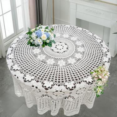 Imagem de USTIDE Toalha de mesa redonda de crochê à mão branca de 178 cm de algodão | Capa de mesa rústica para casamento com design de renda floral, sobreposição decorativa feita à mão para jantar e cozinha