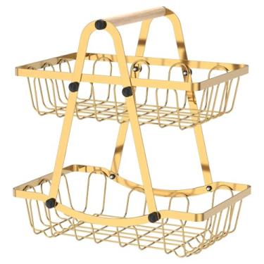 Imagem de Cesta de frutas e vegetais de metal de 2 camadas para cozinha, suporte de armazenamento sólido versátil para frutas com alça de madeira, cesta de legumes, suporte de tigela de lanche de metal