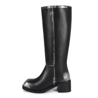 Imagem de CAGLGLZ Bota feminina de cano alto, bico quadrado, salto grosso, cano largo, cano alto, casual, confortável, salto baixo, sem cadarço, botas longas, Marrom, 35