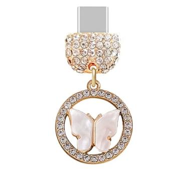 Imagem de ELISE & FONDA TP884 Tipo-C porta de carregamento cristal antipoeira pingente de celular pequena borboleta para iPhone 15/16/Samsung/OnePlus/Xiaomi/oppo telefones Android (branco)