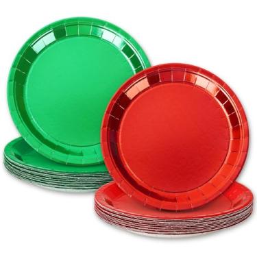 Imagem de Whaline Prato de sobremesa de Natal, vermelho, verde, prato de papel descartável, pratos metálicos, 22 cm para decoração de mesa, 40 peças