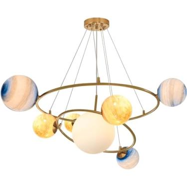 Imagem de Lustre de teto para quarto infantil com 7 luzes, lua, planeta, halo, vidro leitoso, bolha, lustre nórdico, moderno, dourado, luminária pendente para meninos, meninas, quarto infantil, berçár