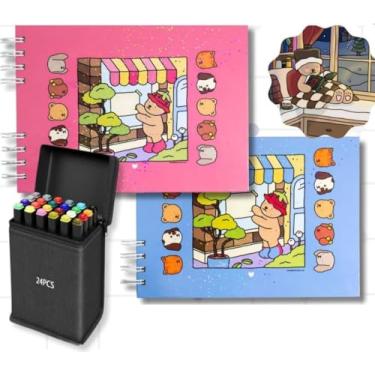 Imagem de Kit Livro de Colorir + 24 Canetas Ponta Dupla | Capa Dura Holográfica, Papel Premium | Ursinhos Fofos – Ideal para Crianças e Adultos - 24/36/60/80 Canetinhas - Livro Azul ou Rosa (Azul, 60)