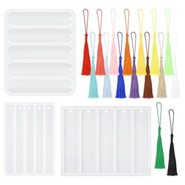 Imagem de Conjunto de 3 peças de molde de resina para marcadores de página e 16 borlas a granel, pequenos moldes de marcadores de página retangulares médios de silicone, moldes de fundição epóxi para artesanato