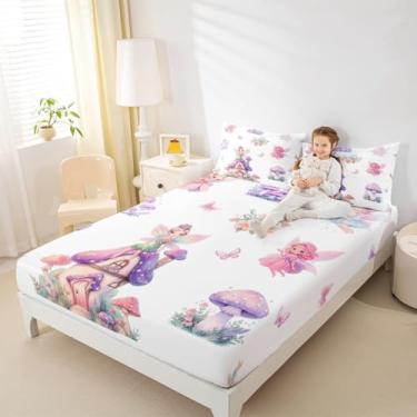 Imagem de Erosebridal Jogo de cama infantil de fada da floresta, princesa floral, roxo, rosa, para decoração de quarto kawaii, jardim floral, cogumelo, 3 peças, lençol com elástico