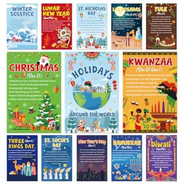 Imagem de Aposwow Decorações de quadro de avisos de inverno - 13 peças de pôsteres de férias de inverno ao redor do mundo Natal Hanukkah Diwali Kwanzaa Ano Novo Chinês Decorações de sala de aula escola