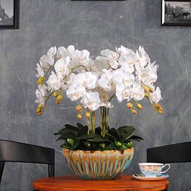 Imagem de DCYEQRQ Flor artificial grande Phalaenopsis Arranjo de plantas artificiais orquídeas de seda sintética decoração com vaso de cerâmica, decoração requintada para casa e escritório