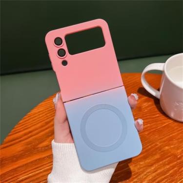 Imagem de Capa dobrável magnética de carregamento sem fio para Samsung Z Flip3 Flip5 ZFlip 5 Galaxy Z Flip 3 4 5 Capa macia de silicone de cor gradiente, rosa azul, para Samsung Z Flip 4