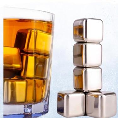 Imagem de Kit 8 CUBOS de Gelo Artificial Reutilizável em Aço Inox Com Pegador e Estojo Com Tampa de Plástico Para Bebidas