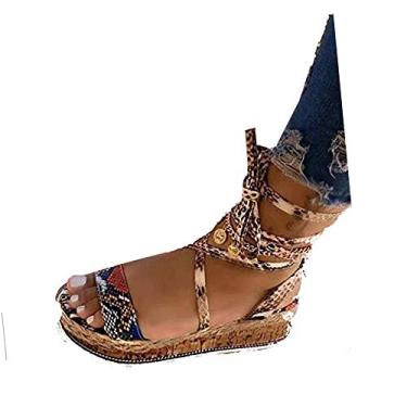 Imagem de Bigfanshu Sandálias femininas verão cobra cunha sapato estampa étnica moda casual cadarço praia senhoras plus size, Amarelo, 6.5