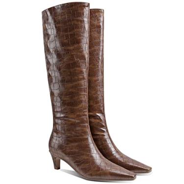 Imagem de MOOMMO Botas femininas de salto gatinho acima do joelho, bico quadrado, couro fosco, sem cadarço, panturrilha, plissada, salto baixo, botas elegantes estilo retrô, chique, festa, conforto 34-43,