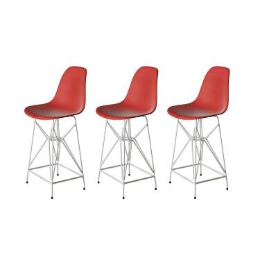 Imagem de Kit 3 Banquetas Bistrô Alta Eames Eiffel Vermelha Base Ferro Branco - Cor: Vermelho