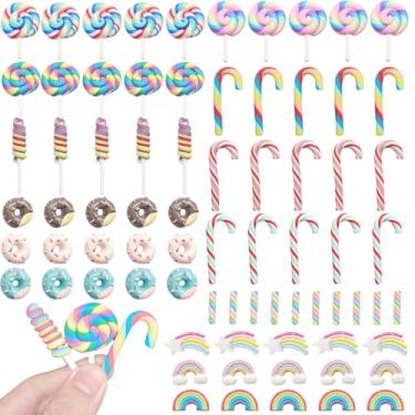 Imagem de 75 peças mini decorações de doces falsos de Natal minúsculos bengalas de doces arco-íris hortelã-pimenta pirulitos donut pingentes de macaroon para enfeites de Natal, artesanato faça você mesmo
