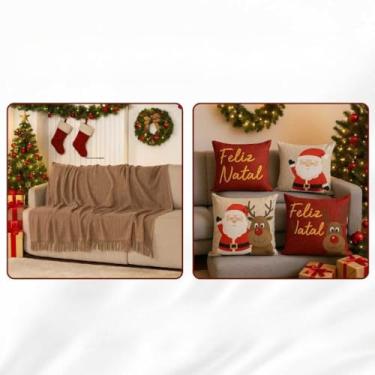 Imagem de Manta Sofa, Kit Capas de Almofada Digital Natalina Decoração Natal Sala(Manta Avelã + Capas 02)