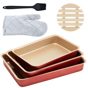 Imagem de Jogo Assadeira Alta 3 Peças + Luva + Pincel +Descanso Panela