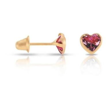 Imagem de Brinco De Ouro 18k Infantil Coração Pedra Vermelha Rubi 4mm - Zello