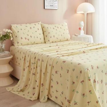 Imagem de AMZTOP Jogo de lençol lavado com 3 peças, solteiro, amarelo, floral, elástico, extra profundo, lençol de cima, macio, confortável, respirável, lençol de cima com 1 fronha, sem rugas, resistente ao