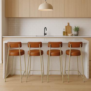 Imagem de Banqueta Cozinha Alta com Encosto Industrial Champanhe Kit 4 Londres PU Nozes D03 - D'Rossi