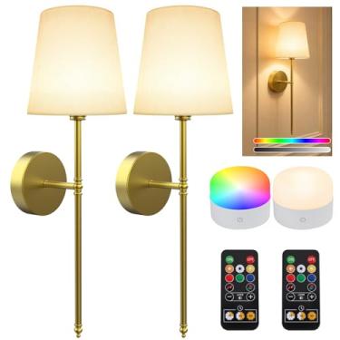 Imagem de XILLUMI CORE Pacote com 2 arandelas de parede operadas por bateria, luzes de parede recarregáveis com lâmpadas destacáveis reguláveis e controle remoto, dourado