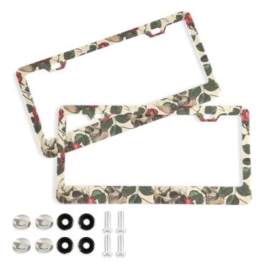 Imagem de SEHANY Molduras de placa de carro vintage rosa crânio, capas de alumínio à prova de ferrugem com furos elípticos e parafusos serve para veículos padrão dos EUA tamanho acessórios de carro para