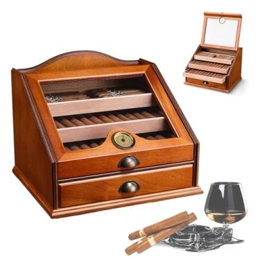 Imagem de HGTRH Caixa de charutos de madeira de cedro, caixa de umidificadores de charutos com termômetro higrômetro, 3 gavetas removíveis, armazenamento de zona mutli