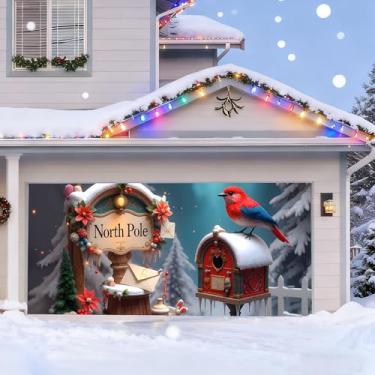 Imagem de TTCHANG Faixa de Natal para porta de garagem – Cena de inverno do polo norte com pássaro vermelho, caixa de correio e decoração de neve, grande mural impermeável reutilizável para uso ao ar livre para