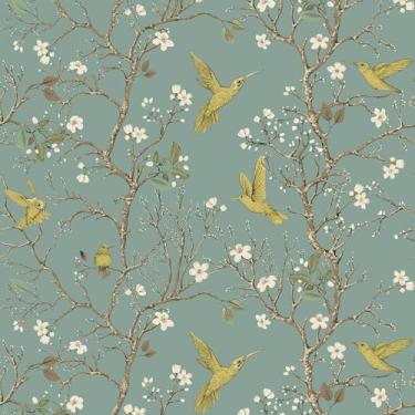Imagem de LACHEERY Papel de parede vintage floral pássaro descascar e colar papel de parede vintage amarelo beija-flor para banheiro 44,5 cm x 698,5 cm papel de parede floral flor de ameixa branco papel de