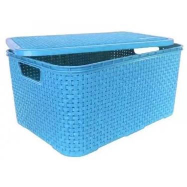 Imagem de Caixa 25 Litros Organizadora Com Tampa Rattan Grande - Plastsu, Azul