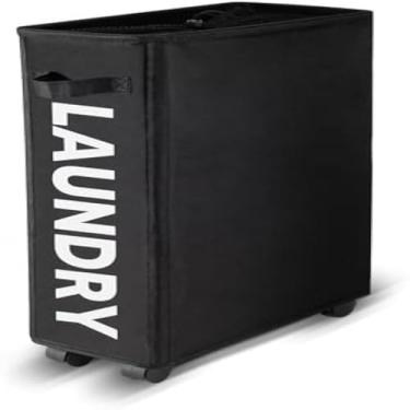 Imagem de Cesto organizador, dobravel, com rodinhas, tecido, bege, armazena, transporta, guarda roupa, simples.