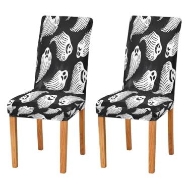 Imagem de Qilmy Conjunto de 2 capas de cadeira de jantar elásticas fofas de Halloween Boo, laváveis e removíveis, para sala de jantar, cozinha, hotel, banquete, festa, protetores de cadeira