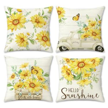 Imagem de COZZSNUGE Capas de almofada de girassol, primavera verão amarelo floral caminhão Hello Sunshine poliéster fronhas decorativas para jardim, sofá-cama, casa, pátio, conjunto de 4, 45 x 45 cm