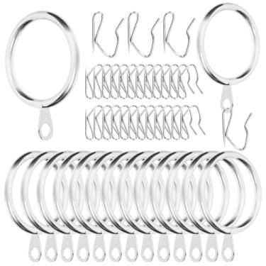 Imagem de Swpeet 60 peças de anel de cortina de metal prateado de 43 mm de diâmetro interno com ganchos de cortina, kit sortido, anel de ilhó deslizante drapeado, ganchos de cortina de metal, para cortina de