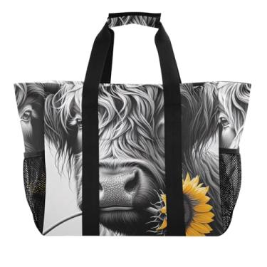 Imagem de ODAWA Bolsa feminina de praia estética para férias - bolsa dobrável de lona lavável com bolsa de praia de girassol, Vaca com girassol, One Size