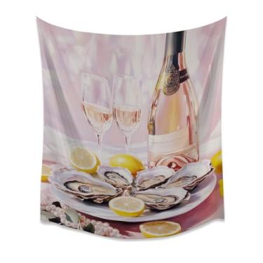 Imagem de Ostras Limões Rosa Bebida Cozinha Tapeçaria de Parede Glam Verão Jantar Decoração Elegante Comida Costeira Ilustração Tecido Romântico Poster Para Casa Bar Festa Ambiente Branco 127 x 152 cm