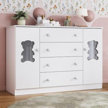 Imagem de Cômoda Infantil 125cm 2 Portas com Vidro e 4 Gavetas Teddy Multimóveis Mp4490 Branco