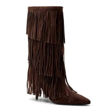 Imagem de MAVMAX Botas de cano alto com franjas de camurça cowgirl borla gatinho bota de cano médio ocidental bico fino para mulheres uso diário outono inverno, Marrom escuro, 35